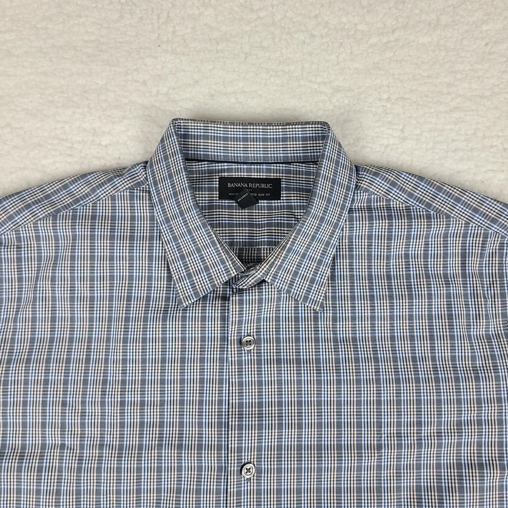 Banana Republic Shirt Mens XL Blue Brown Plaid Tailored Slim Fit Dress Button Up